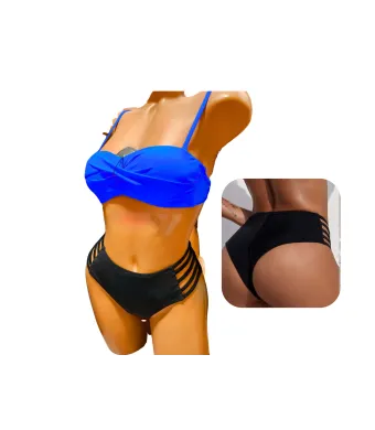 Costum de baie pentru Dama, Engross, marimi 36-44, 5buc/serie, Slip Brazilian cu talie inalta, Sutien reglabil cu burete, Negru-Albastru