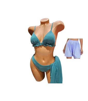 Costum de baie DAMA, 3piese, Cu Pantaloni, Engross, marimi 36-44, 5buc/serie, Slip Brazilian, Sutien cu burete detasabil, Turqouise inchis
