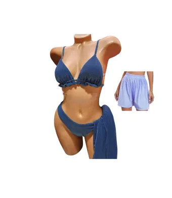 Costum de baie DAMA, 3piese, Cu Pantaloni, Engross, marimi 36-44, 5buc/serie, Slip Brazilian, Sutien cu burete detasabil, Albastru