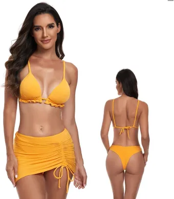 Costum de baie DAMA, 3piese, Cu Fusta, Engross, marimi 36-44, 5buc/serie, Slip Brazilian, Sutien cu burete detasabil, Galben