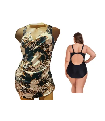Costum de baie intreg Dana, Marimi MARI, Tip Rochita Sutien cu burete, Slip normal, Engross, Marimi 56-64, 5buc/serie, Negru-auriu