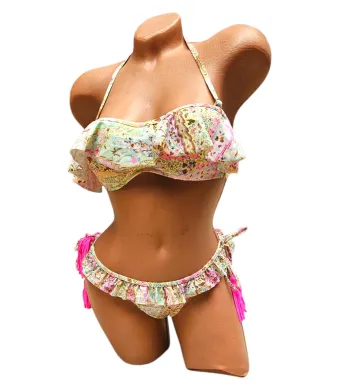 Costum de baie Dama cu Volane si Ciucuri, Slip Normal, Sutien reglabil cu burete, bretele detasabile, Engross, Marimi 38-44, 5buc/serie, Roz neon