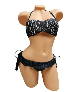 Costum de baie Dama cu Dantela, Slip Normal Reglabil, Sutien reglabil cu burete, Engross, Marimi 38-44, 5buc/serie, Negru