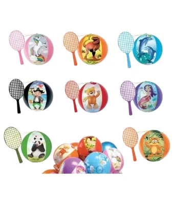 Joc 10/set cu Minge Gonflabilă 27cm și Paletă 25cm, Cu Bandă Elastică Fixată între Minge și Paletă, Diferite Culori Engros