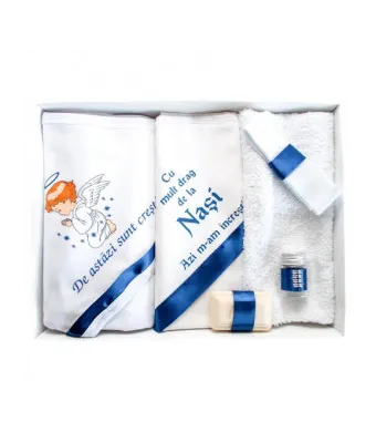Trusou de botez, 6 piese Ingeras imprimat, cu accesorii bleumarin