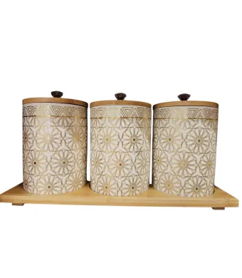 Set 3 borcane ceramica cu suport lemn, recipient condimente 13 cm, ceai, cafea, cu design elegant, En-gros