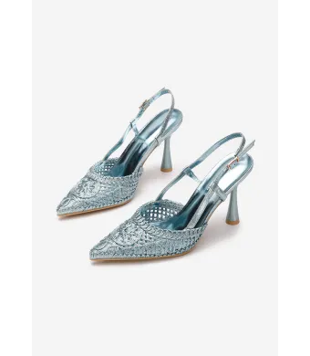 Pantofi dama eleganti, engros, din material sintetic impletit, cu toc subtire