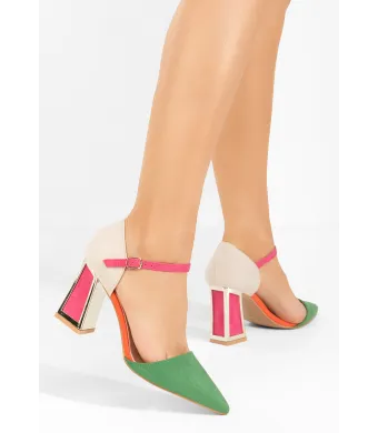 Pantofi dama engros, din material sintetic, culori combinate, toc gros