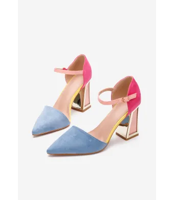 Pantofi dama engros, din material sintetic, culori combinate, toc gros