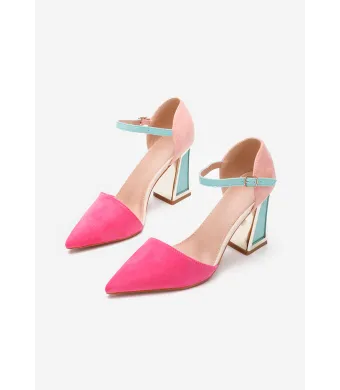 Pantofi dama engros, din material sintetic, culori combinate, toc gros