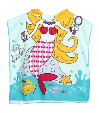 Poncho plaja copii cu gluga 56x60 cm – model sirena colorata, moale si absorbant, pentru baie, mare sau piscina – En-gros