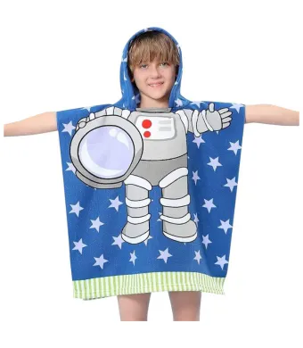 Poncho plaja copii cu gluga 56x60 cm – design astronaut, model cu stelute, moale si absorbant, En-gros
