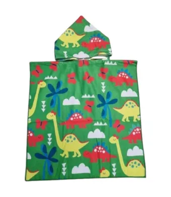 Poncho copii cu gluga 56x60 cm – model dinozauri colorati, moale si absorbant, pentru plaja, baie sau piscina, En-gros