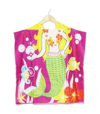 Poncho copii cu gluga 56x60 cm – model sirena tropicala, material din poliester moale si absorbant, ideal pentru plaja sau baie, En-gros