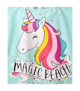 Poncho copii cu gluga 56x60 cm – model unicorn Magic Beach, colorat, din poliester moale si absorbant, En-gros
