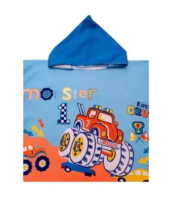 Poncho copii cu gluga 56x60 cm – model monster truck, imprimeu King of Crush, din poliester moale, ideal pentru plaja si baie, En-gros