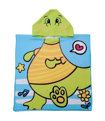 Poncho copii cu gluga 56x60 cm – model dinozaur vesel, din poliester moale, ideal pentru plaja, piscina sau baie, En-gros