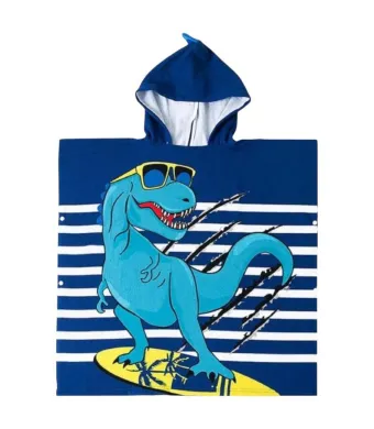 Poncho copii cu gluga 56x60 cm – model dinozaur surfer cu ochelari, material din poliester moale, ideal pentru plaja sau piscina, En-gros