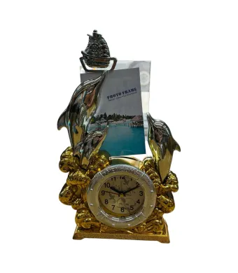 Ceas decorativ de masa cu rama foto si delfini – model marin elegant cu corabie si design auriu – decor interior 35 cm, En-gros