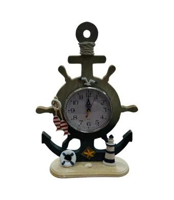 Ceas decorativ marin 35-36CM in forma de ancora si timona, cu decor plaja si far, din plastic rustic pentru decor estival, En-gros