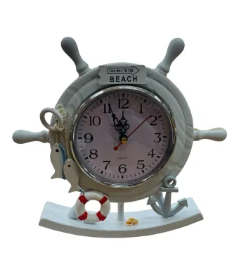 Ceas decorativ marin 21CM cu timona, colac, ancora si pesti, alb cu mesaj BEACH, ideal pentru decor estival, En-gros