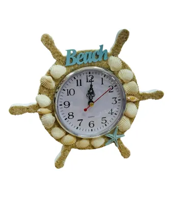Ceas decorativ de perete 21cm tematica marina cu scoici si stea de mare – design Beach in forma de timona, En-gros