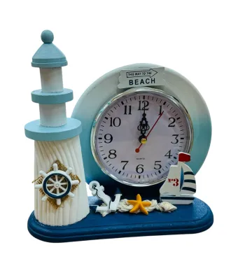 Ceas decorativ marin 19x17CM cu far, barcuta si mesaj BEACH, design nautic alb-albastru pentru decor de vara, En-gros