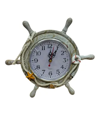 Ceas decorativ marin 21CM tip timona vintage, cu sfoara, colac si scoici, stil rustic pentru decor estival, En-gros