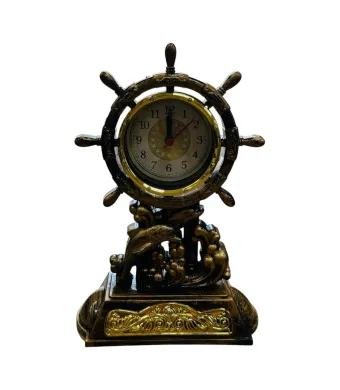 Ceas decorativ tip timona corabie, stil vintage marin, 16CM, cu detalii aurii elegante pentru birou sau living, En-gros