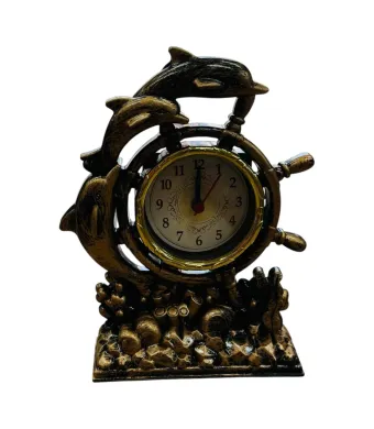 Ceas decorativ marin 16CM cu timona si delfini, din plastic cu aspect vintage, ideal pentru birou, living sau cadou special, En-gros