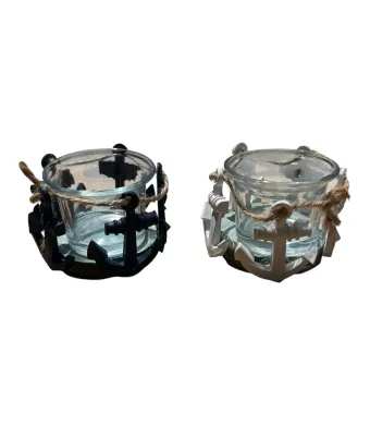 Suport decorativ lumanare 8x5cm cu ancore din lemn si sfoara, pahar din sticla, stil marin alb sau bleumarin pentru decor tematic de vara, En-gros