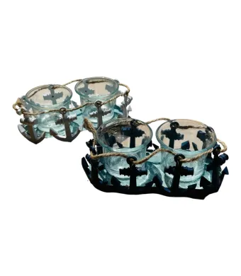 Suport decorativ lumanari cu 2 pahare din sticla pe baza nautica 15x5.5cm, cu ancore si sfoara, design marin alb sau bleumarin, En-gros
