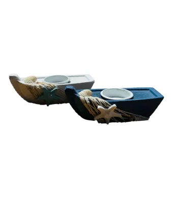 Suport lumanare decorativ barca din lemn 13.5x5cm cu tematica marina, scoica si stea de mare, alb sau albastru, design nautic pentru decor casa, En-gros