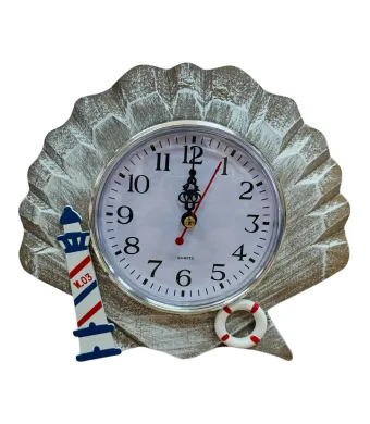 Ceas decorativ de perete sau birou cu tematica marina 15-16 cm in forma de scoica cu far si colac salvare, En-gros