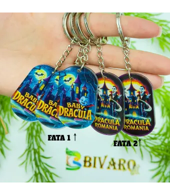 Breloc Dracula / 2 fete, en-gros . Suvenir Personalizat in Sticlă Acrilică – Produs în România | Print UV Durabil 5x3.1 cm, Set 25 Bucăți