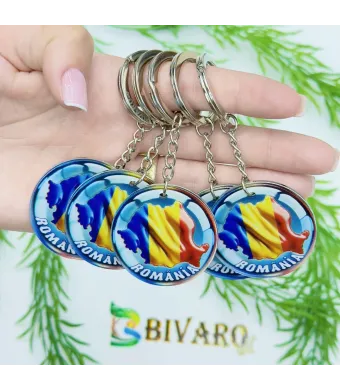 Breloc Romania, en-gros . Suvenir Personalizat in Sticlă Acrilică – Produs în România | Print UV Durabil 4.2 cm, Set 25 Bucăți
