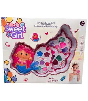 Trusa machiaj jucarie pentru copii Sweet Girl, cu farduri colorate si aplicatoare, in forma de sirena, 3 ani+, En-gros