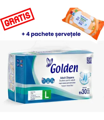 Scutece pt Adulti Engros, Marimea L, Golden, 110x150 cm, 30 buc / pachet, bax 4 pachete - OFERTA (+ 4 pachete servetele umede)