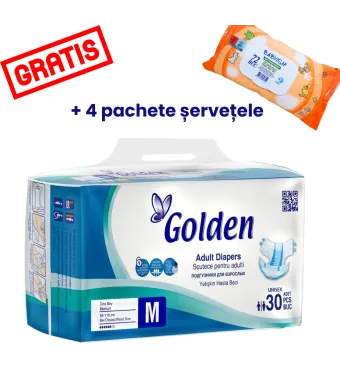 Scutece pt Adulti Engros, Marimea M, Golden, 85x110 cm, 30 buc / pachet, bax 4 pachete ​- OFERTA (+ 4 pachete servetele umede) - GRATIS
