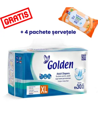 Scutece pt Adulti Engros, Marimea XL, Golden, 120x160 cm, 30 buc / pachet, bax 4 pachete - ​OFERTA (+ 4 pachete servetele umede) - GRATIS