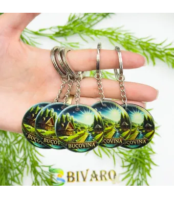 Breloc Bucovina, en-gros . Suvenir Personalizat in Sticlă Acrilică – Produs în România | Print UV Durabil 4.5 x 4.2 cm, Set 25 Bucăți