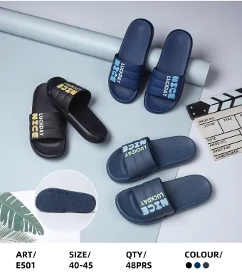 Papuci Barbati Marimi 40-45 – Model Casual cu Inscriptionare LUCKDAY NICE, Talpa Moale si Culori Combinate pentru Casa sau Plaja, En-gros