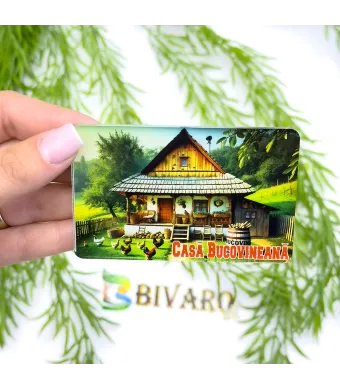Magnet Casa Bucovineana , en-gros . Suvenir Personalizat in Sticlă Acrilică – Produs în România | Print UV Durabil 8.5 x 5.3 cm, Set 25 Bucăți