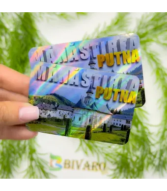 Magnet Manastirea Putna, en-gros . Suvenir Personalizat pe banda magnetica – Produs în România | Efect Holografic 8.5 x 5.7 cm, Set 25 Bucăți