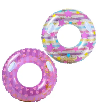Colac inot gonflabil 90cm cu manere pentru copii si adulti, model colorat cu stele si inimioare, design atractiv cu sclipici, ideal pentru piscina, mare sau vacanta de vara, En-gros