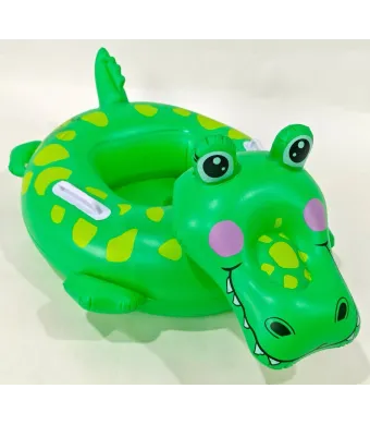 Colac inot copii forma crocodil verde cu fata 3D, manere laterale si suport picioare, model gonflabil rotund, ideal pentru piscina, mare sau vacanta, En-gros