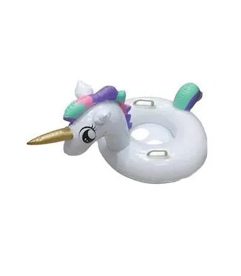 Colac inot copii in forma de unicorn alb cu cap 3D, coada si corn auriu, cu manere laterale, gonflabil, ideal pentru piscina, mare sau vacanta de vara, En-gros