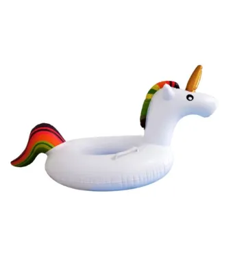 Colac inot unicorn gonflabil pentru copii si adulti, model alb cu corn auriu si coama curcubeu, manere laterale si design 3D, ideal pentru piscina, mare sau vacanta, En-gros