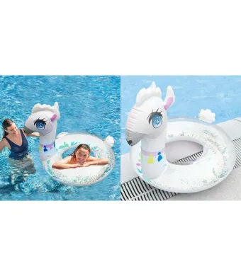 Colac inot 90 cm pentru copii si adolescenti, model lama alba cu cap 3D si sclipici, gonflabil cu manere laterale, ideal pentru piscina, mare sau vacanta de vara, En-gros