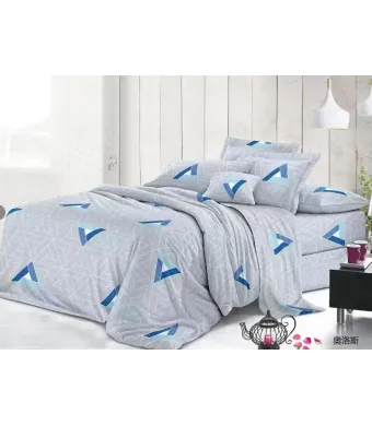 Lenjerie de pat 4 piese din finet – model geometric albastru pe fundal gri – H779 Engros